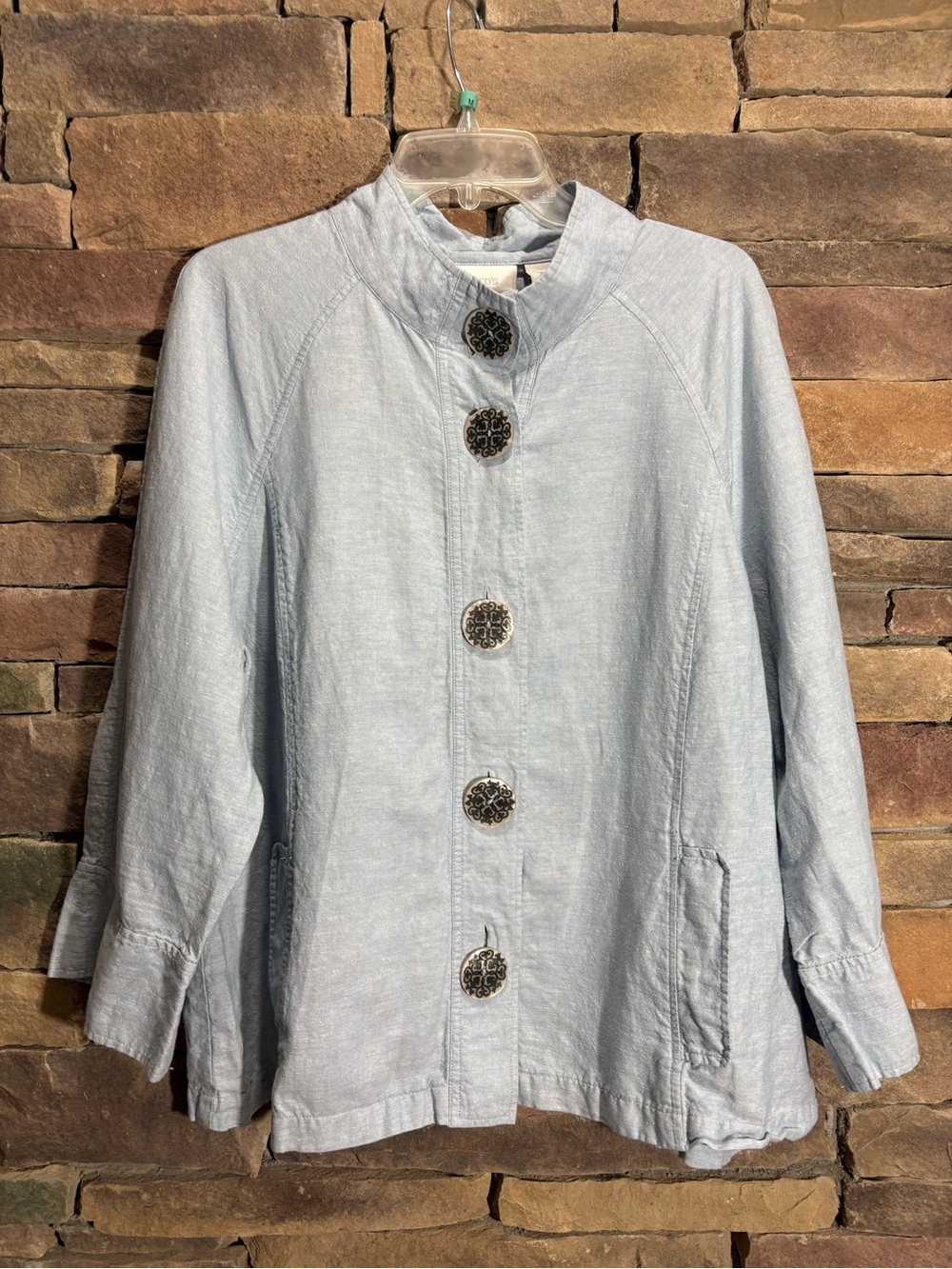 Chico's Lightweight Jacket Linen Blend Wearable Art Blue XL